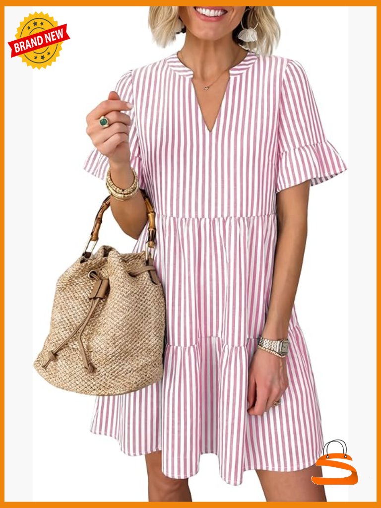 Striped V Neck Ruffle Sleeve A Line Mini Dress With Pockets
